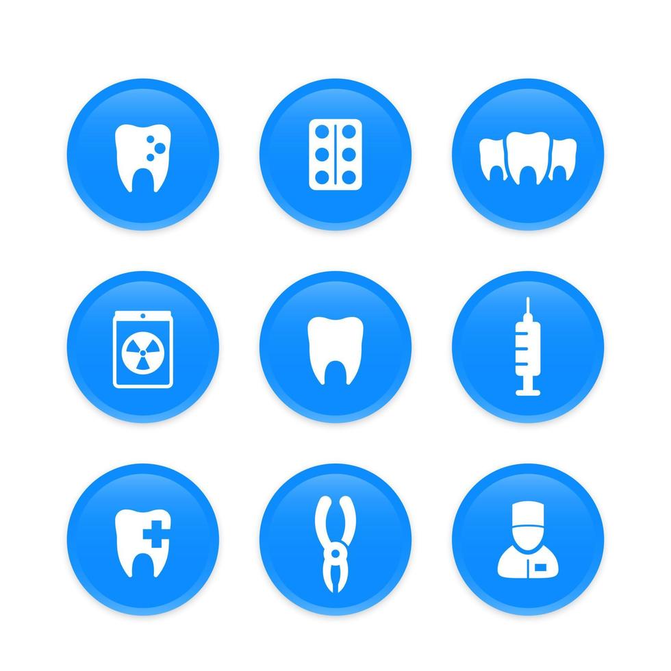 Zähne, Zahnpflege, Stomatologie, Zahnarztsymbole auf runden blauen Formen vektor