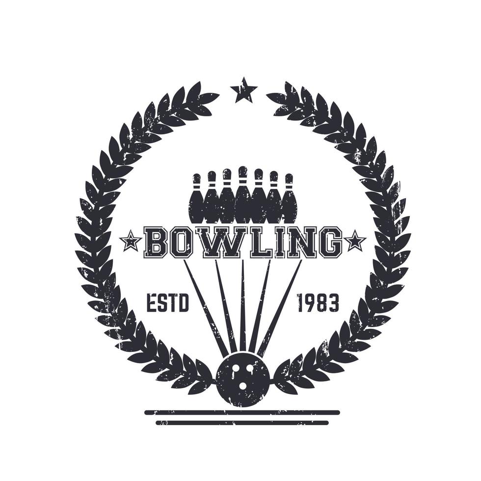 bowling vintage logotyp, skylt med krans på vitt, vektorillustration vektor