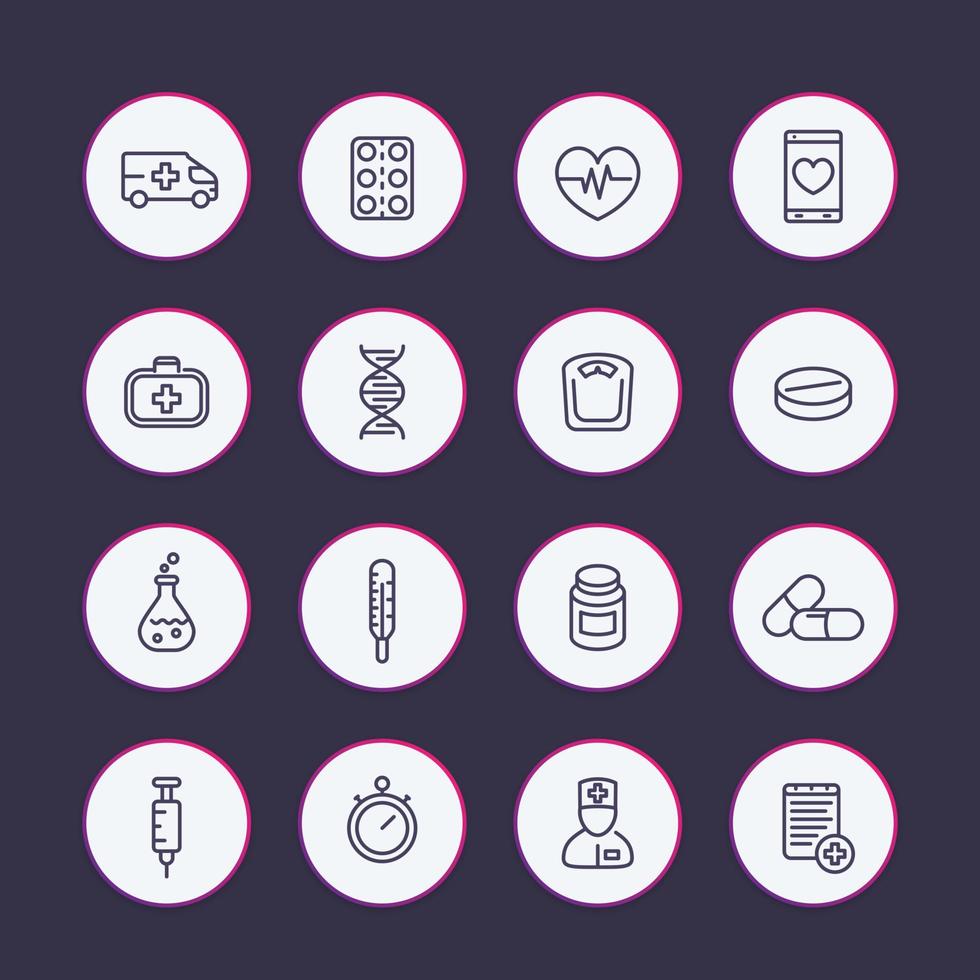 Medizinlinie Icons Set, Gesundheitswesen, Pharmazie, Medikamente, Erste-Hilfe-Set, Krankenwagen, Therapie, Thermometer, Spritze vektor