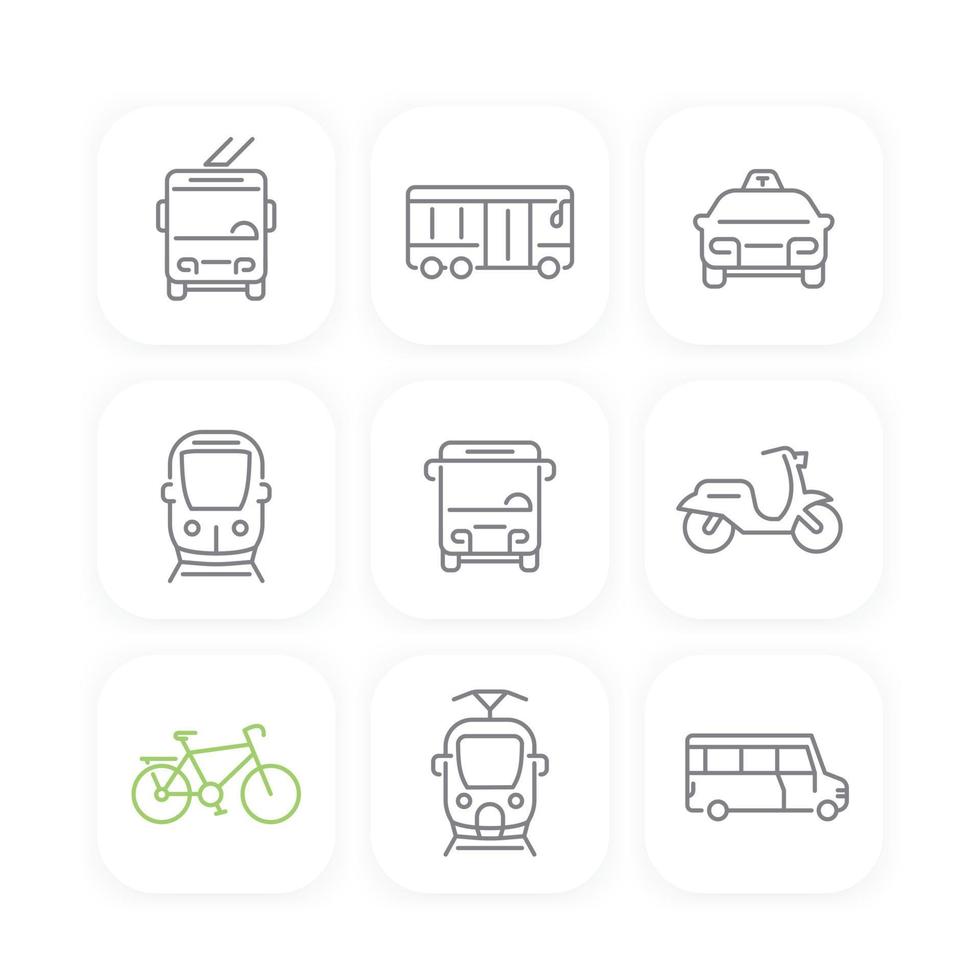 stadstransport, buss, transit van, hytt, tåg, taxi linje ikoner set vektor