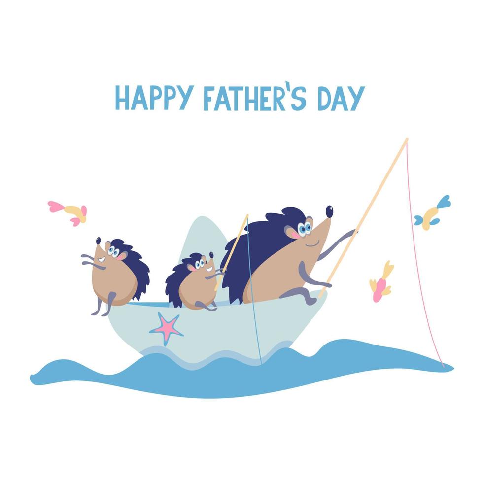 fiskar familj av söta igelkottar. far och söner tillbringar tid tillsammans. glad fars dag. . vektor