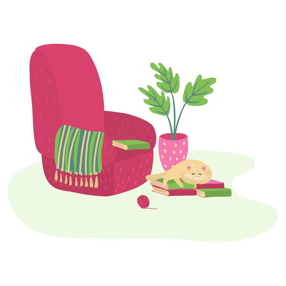 Leseecke mit gemütlichem großen Sessel, Zimmerpflanze und schlafender Katze vektor