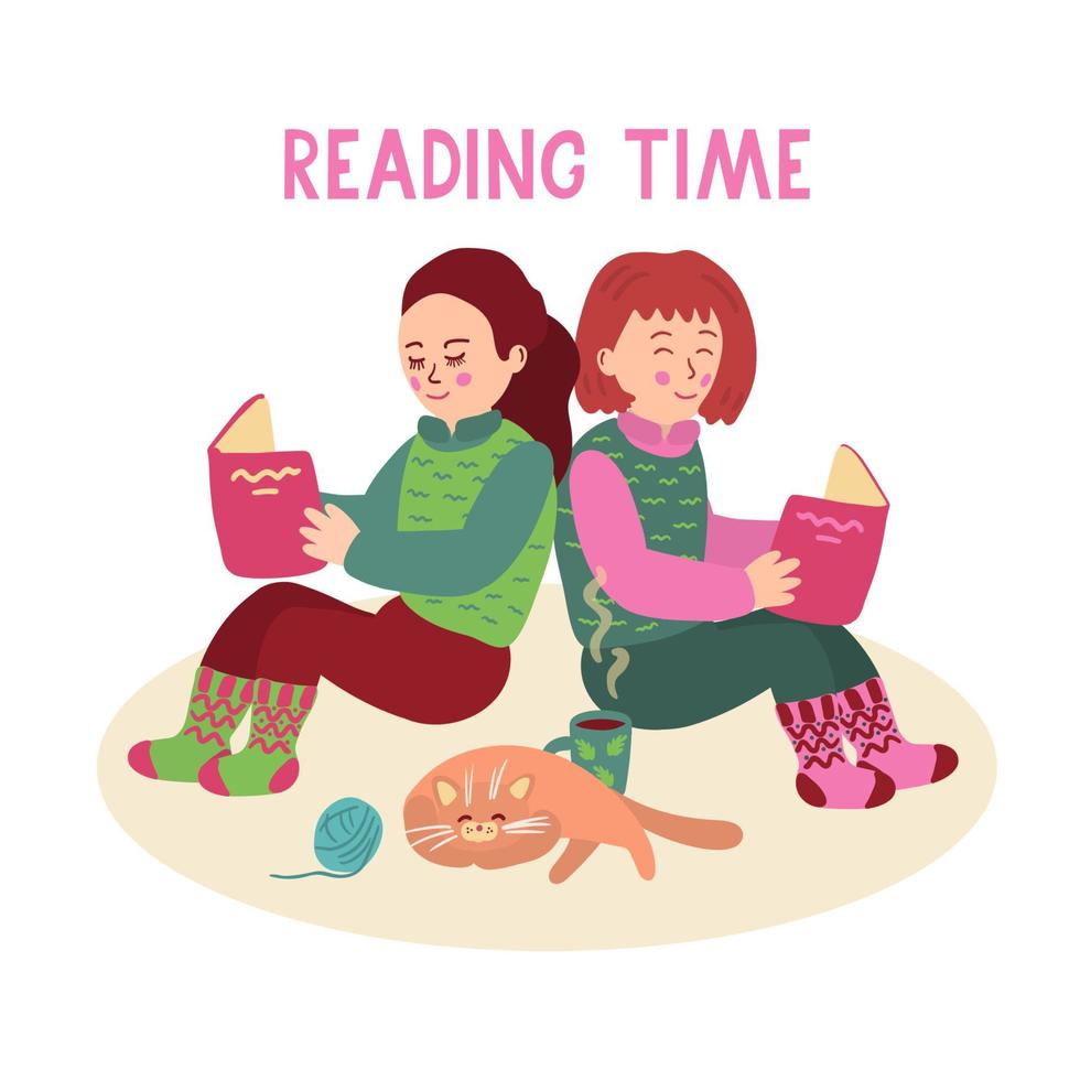 trevliga små flickor som sitter på golvet och läser böcker. det finns en mugg te och en söt sovande katt nära dem. lästid bokstäver vektor