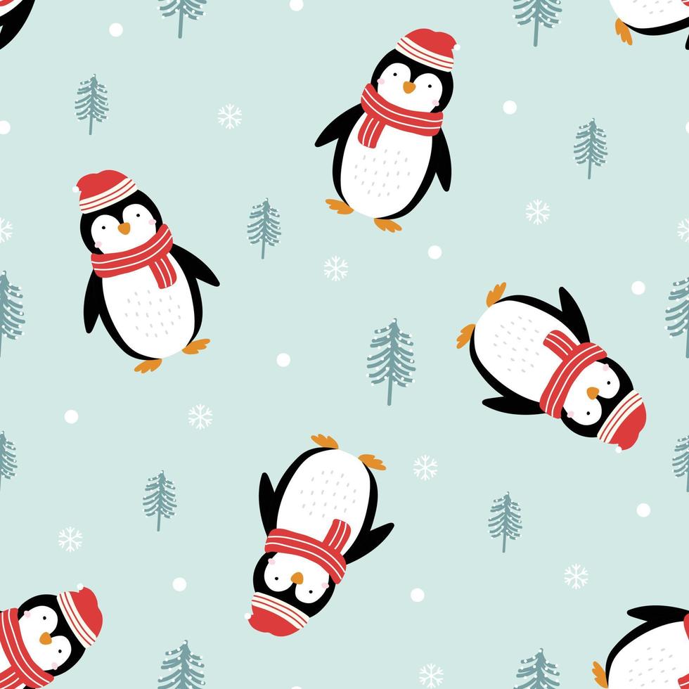 nahtloses Weihnachtsmuster mit Pinguinen auf blauem Hintergrund handgezeichnetes Design im Cartoon-Stil. verwendet für Dekoration, Feiertapete, Stoff, Textilvektorillustration vektor