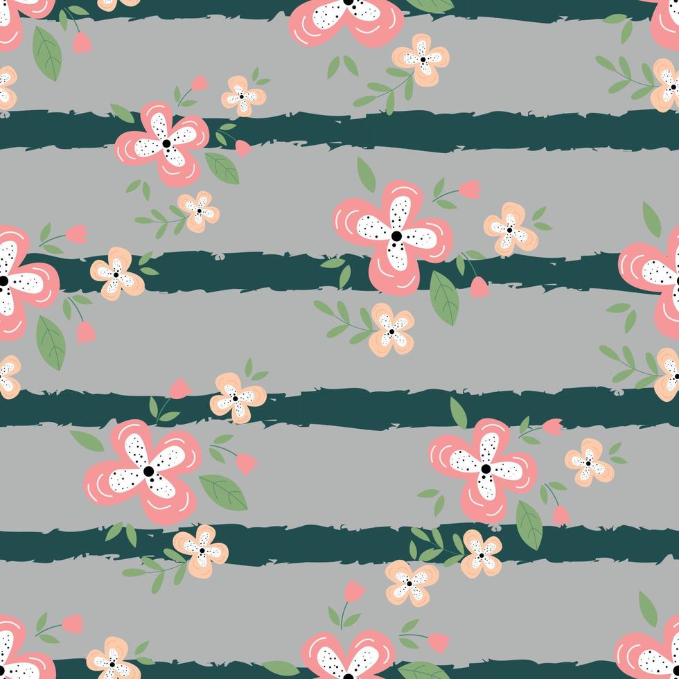 Baby nahtlose Muster rosa Blumen auf gestreiftem Hintergrund handgezeichnetes Design im kindlichen Stil. verwendet für Druck, dekorative Tapete, Stoff, Textilvektorillustration vektor