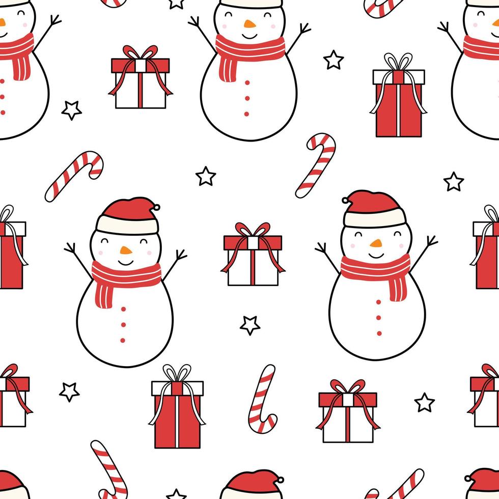 nahtlose Muster Weihnachten Hintergrund Schneemann mit Geschenkbox handgezeichneten Design im Cartoon-Stil. verwendet für Druck, Feiertapete, Stoff, Textilvektorillustration vektor