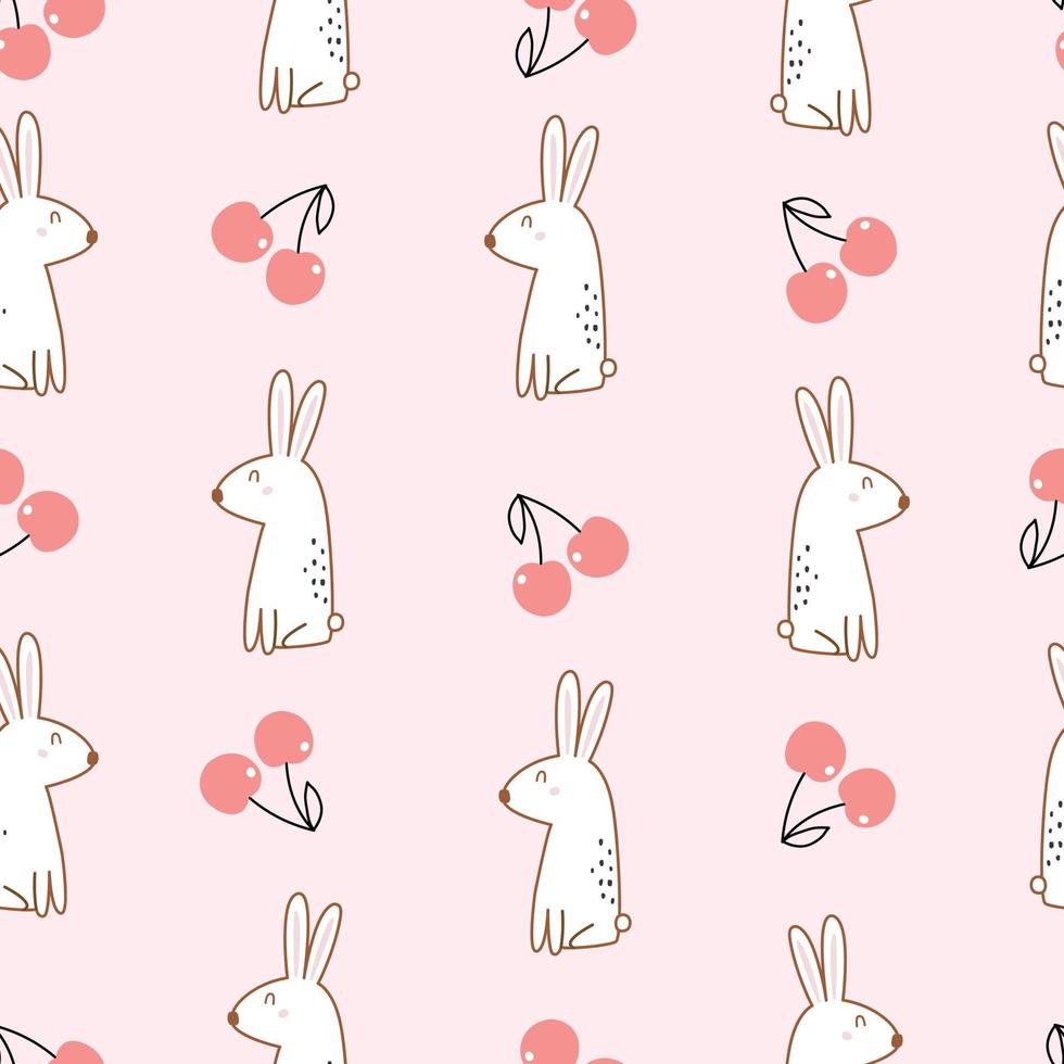 bebis sömlösa mönster söt kanin med körsbär på rosa bakgrund handritad design i tecknad stil som används för utskrifter, dekorativa tapeter, textilier, vektorillustrationer. vektor