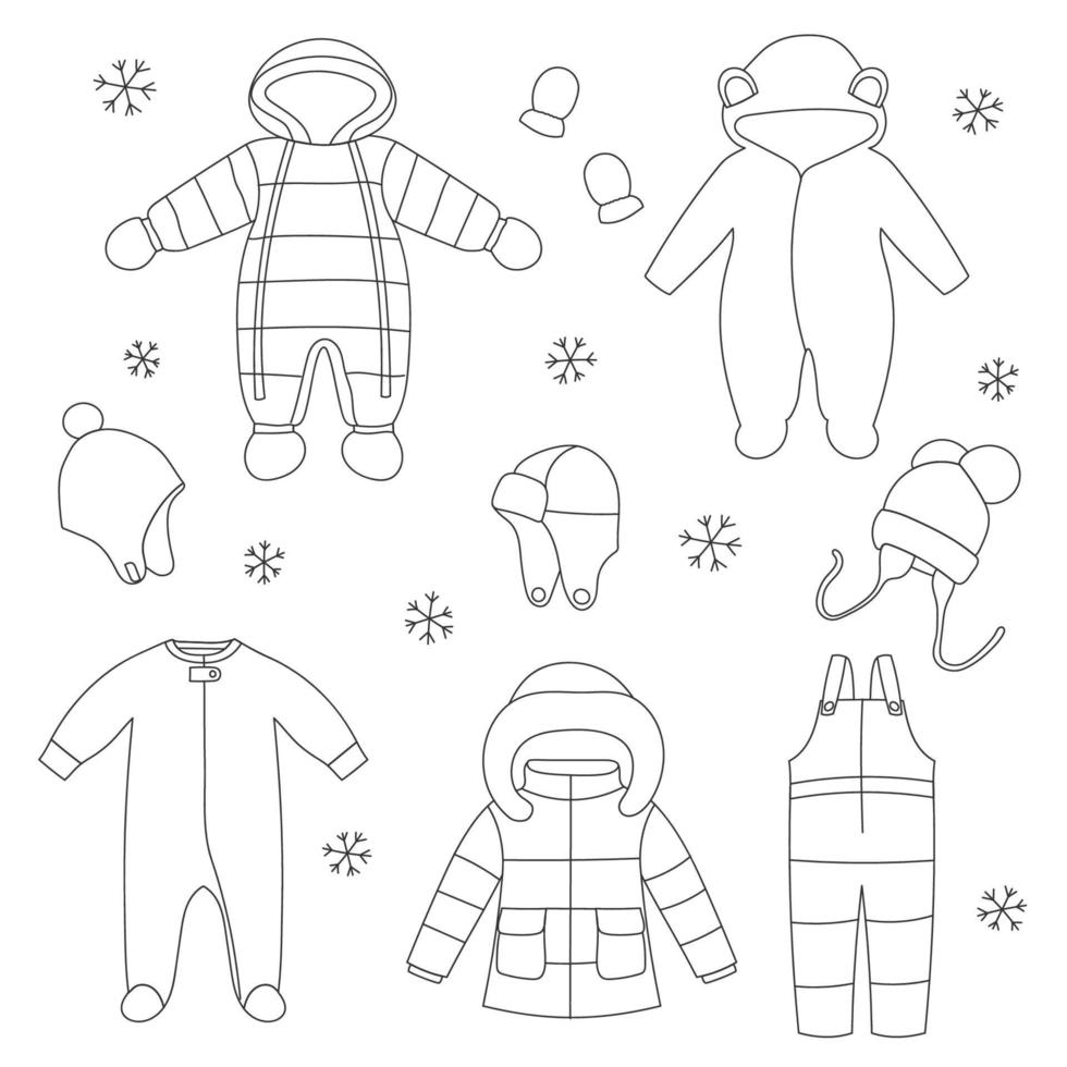 uppsättning av line art baby vinterkläder. vinterkappa, overall, snödräkt, jumpsuit, mössor och vantar. vektor