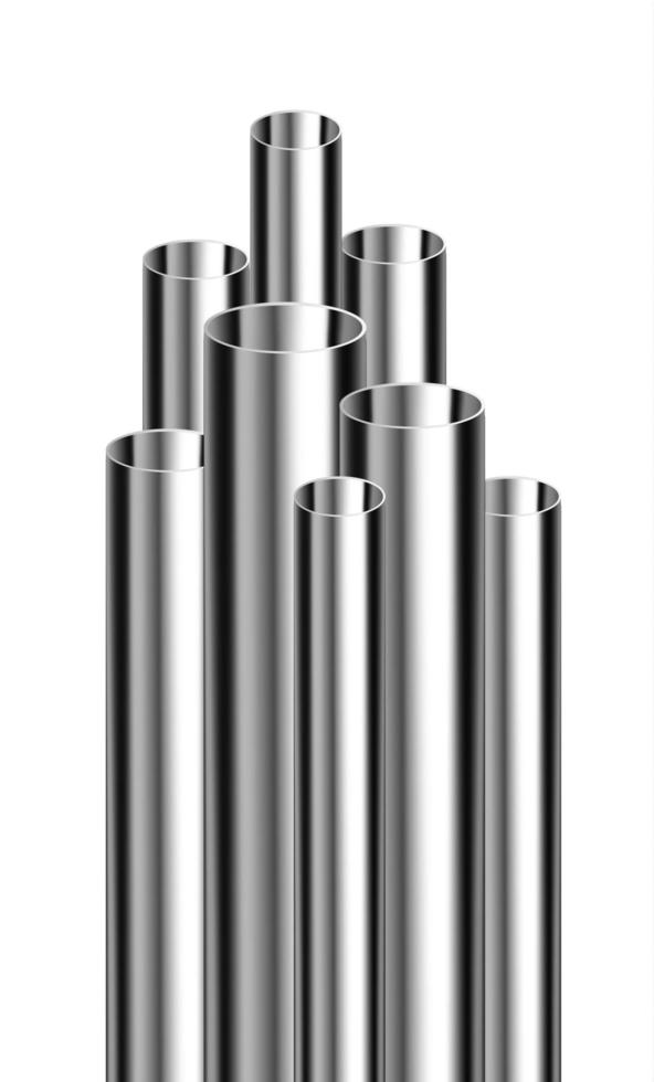 Stahl- oder Aluminiumrohre mit unterschiedlichen Durchmessern isoliert auf weißem Hintergrund. glänzendes 3D-Stahlrohrdesign. Industrie-, Stahlrohr-Produktionskonzeptvektor. vektor