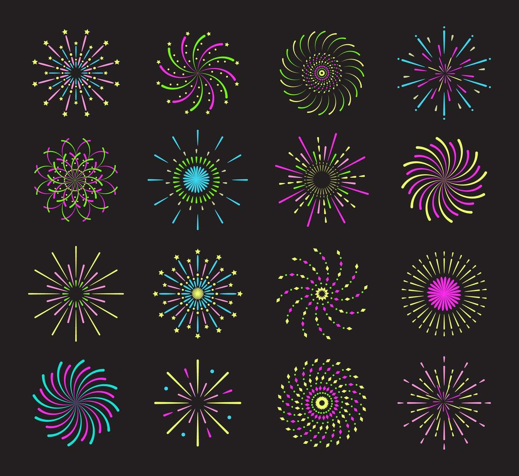 fyrverkerier på svart bakgrund. färgglada spiral smällare ikoner med gnistrar, stjärnor. vektor