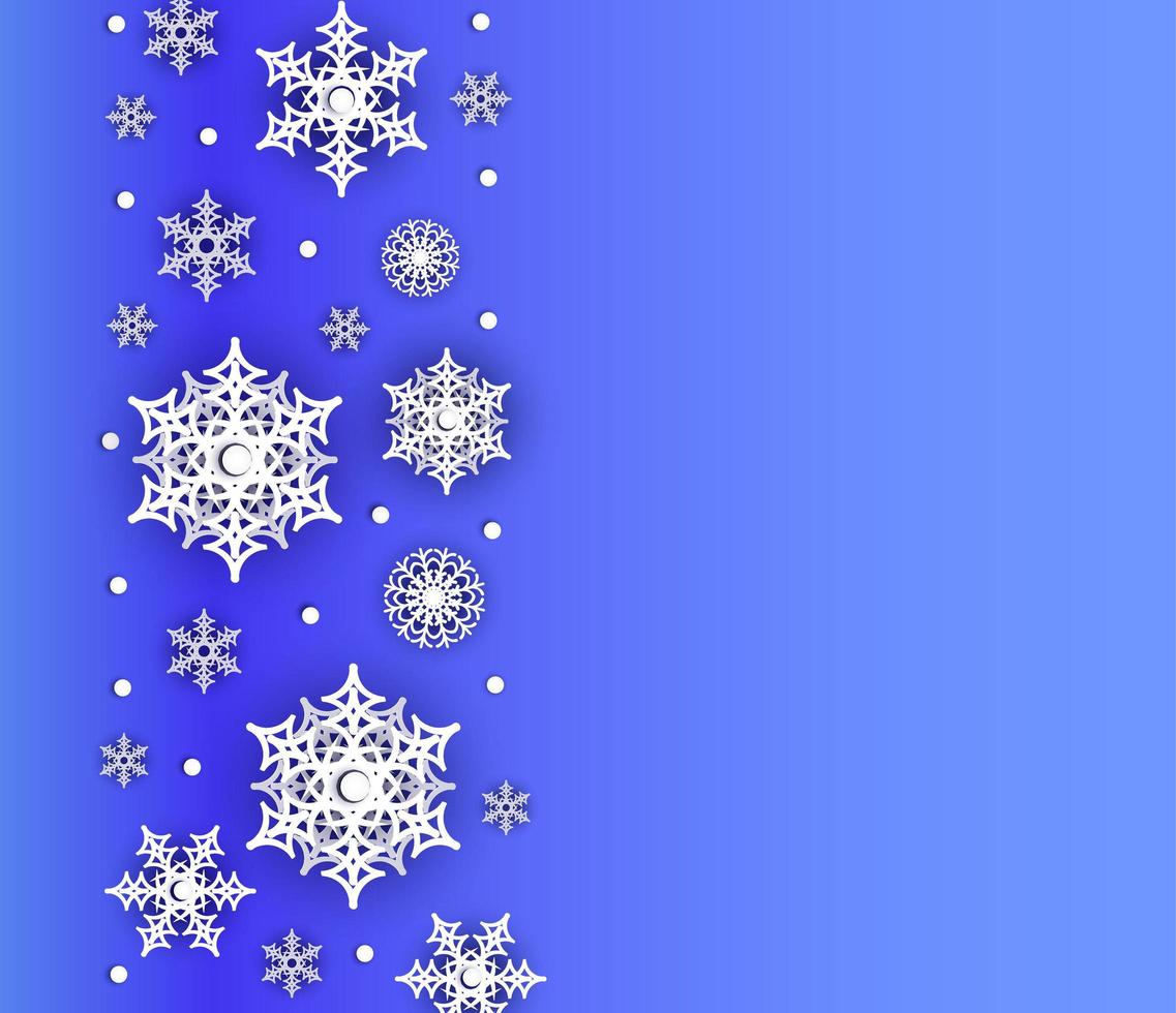 jul eller nyår gratulationskort eller affisch. pappersklippt banderoll med voluminösa snöflingor med glitter. vektor