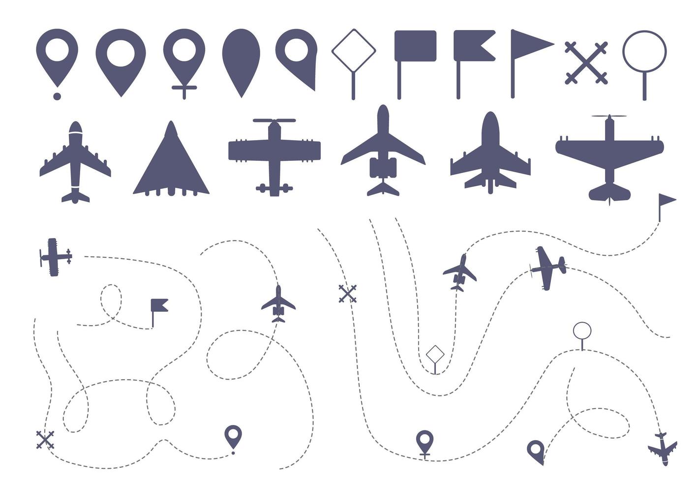 Reihe von einfachen Flugzeugrouten. verschiedene Ebenen gepunktete Linie Wegrichtungen vektor