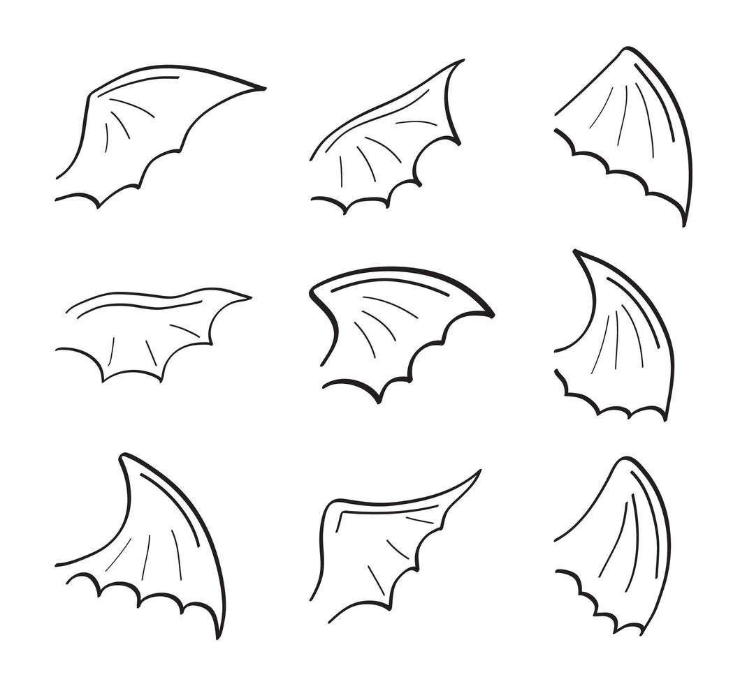 gargoyle, demon, djävul doodle wing set vektor. handritad penna stil vinge. fladdermus, vampyr siluett vektor