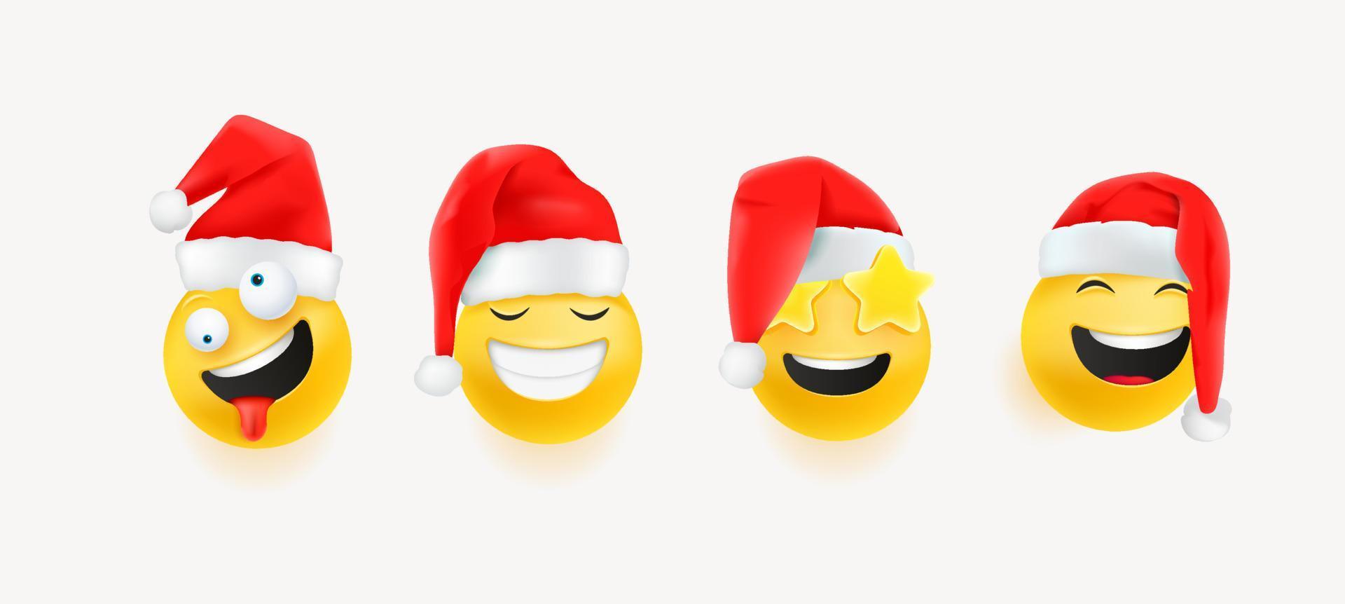 glücklich lächelnde und lachende Gesichter mit Weihnachtsmann-Hut. 3D-Vektor-Emoji-Set vektor