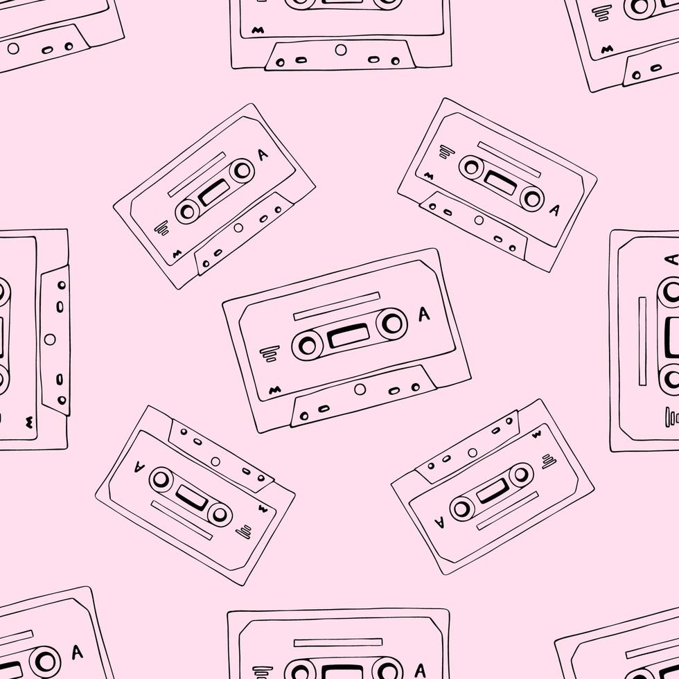 handgezeichnete Kassette und nahtloses Mixtape-Muster, rosafarbener Cartoon-Doodle-Hintergrund für Musiktechnologie oder Audiogeräte vektor