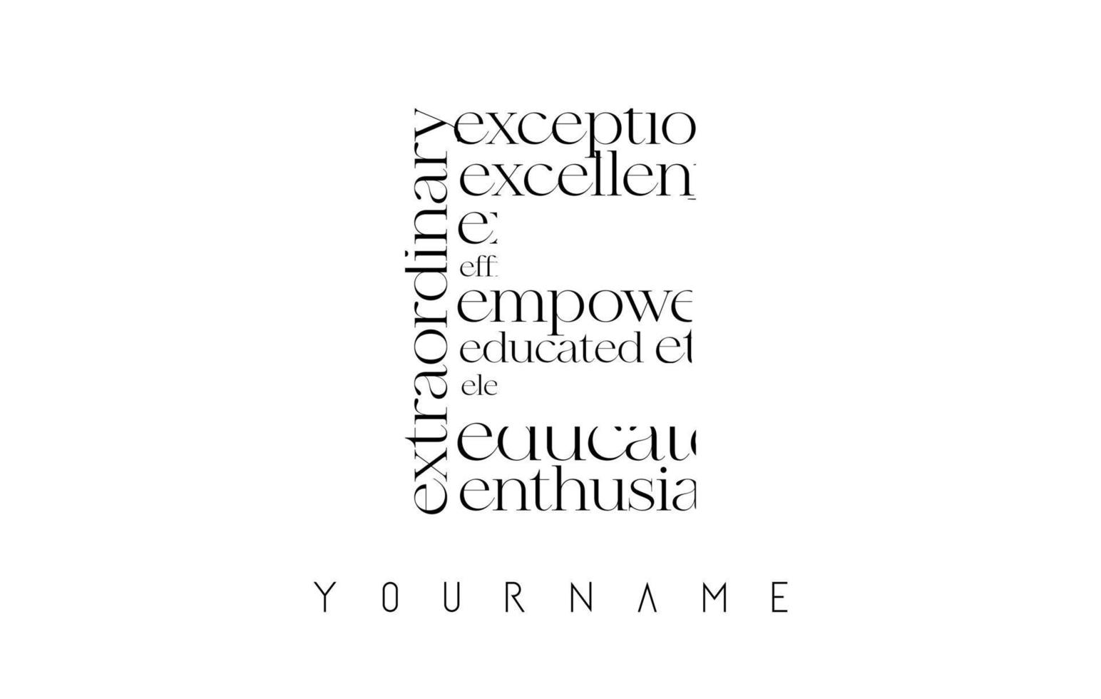 Buchstabe e-Logo mit positiven Adjektiven, Wörtern auf weißem Hintergrund. vektor