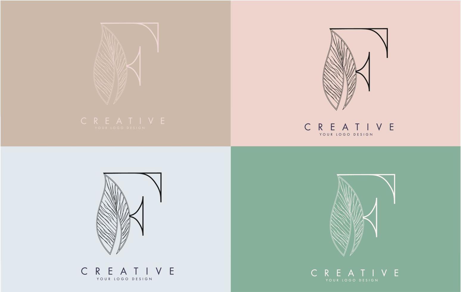 disposition bokstaven f logotyp ikon med trådade löv konceptdesign på färgglada bakgrunder. vektor