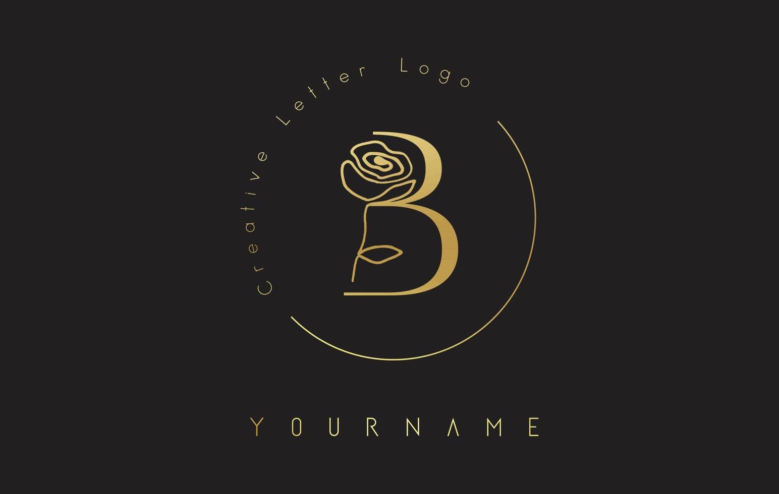 goldenes kreatives Anfangsbuchstabe b-Logo mit Schriftkreis und handgezeichneter Rose. florales Element und eleganter Buchstabe b. vektor