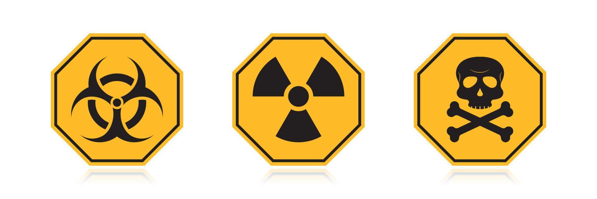 Warnung Gefahr gelbes Schild. Symbol der Strahlung. Vorsicht giftige Biogefährdung. achteckige Form des Zeichens. Vektor