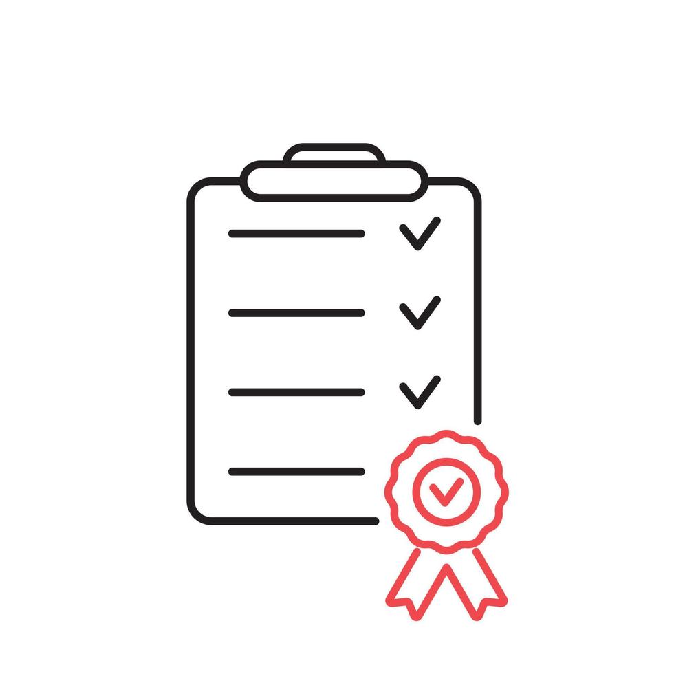 Symbol für die Zertifikatszeile. schwarze Checkliste dünne Linie Symbol. Checkliste Zertifikatsqualität. rotes Award-Piktogramm. Vektor