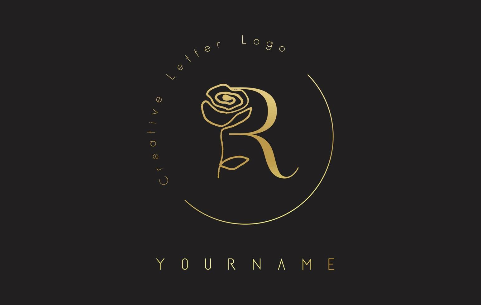 goldenes kreatives Anfangsbuchstabe r-Logo mit Schriftkreis und handgezeichneter Rose. florales Element und eleganter Buchstabe r. vektor