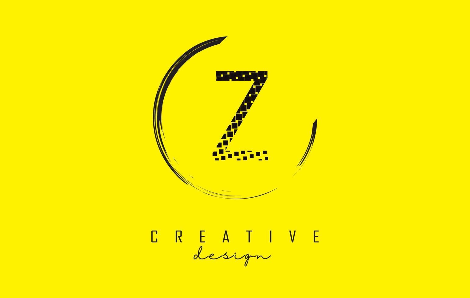 Z-Brief-Logo-Design mit schwarzen Quadraten und Kreisrahmen auf leuchtend gelbem Hintergrund. vektor
