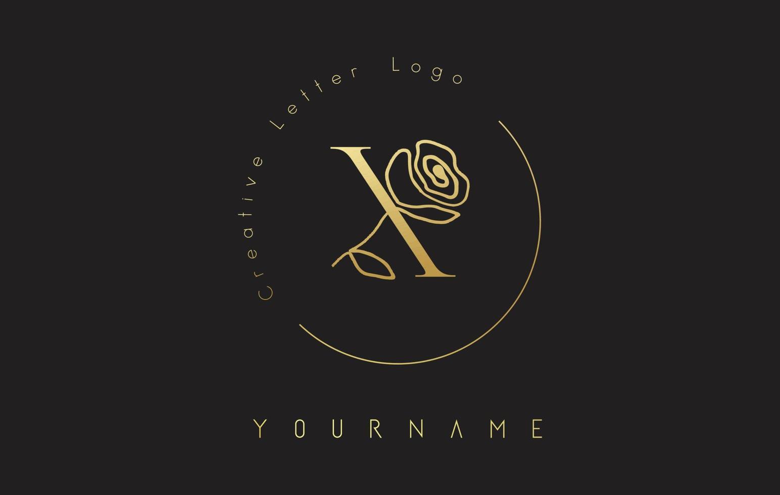 gyllene kreativa första bokstaven x logotyp med bokstäver cirkel och handritad ros. blommigt inslag och elegant bokstav x. vektor