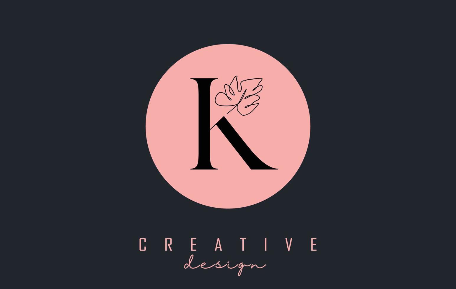 k-Brief-Logo-Design mit Monstera-Blatt eine Strichzeichnung auf einer rosafarbenen Kreishintergrund-Vektorillustration. vektor