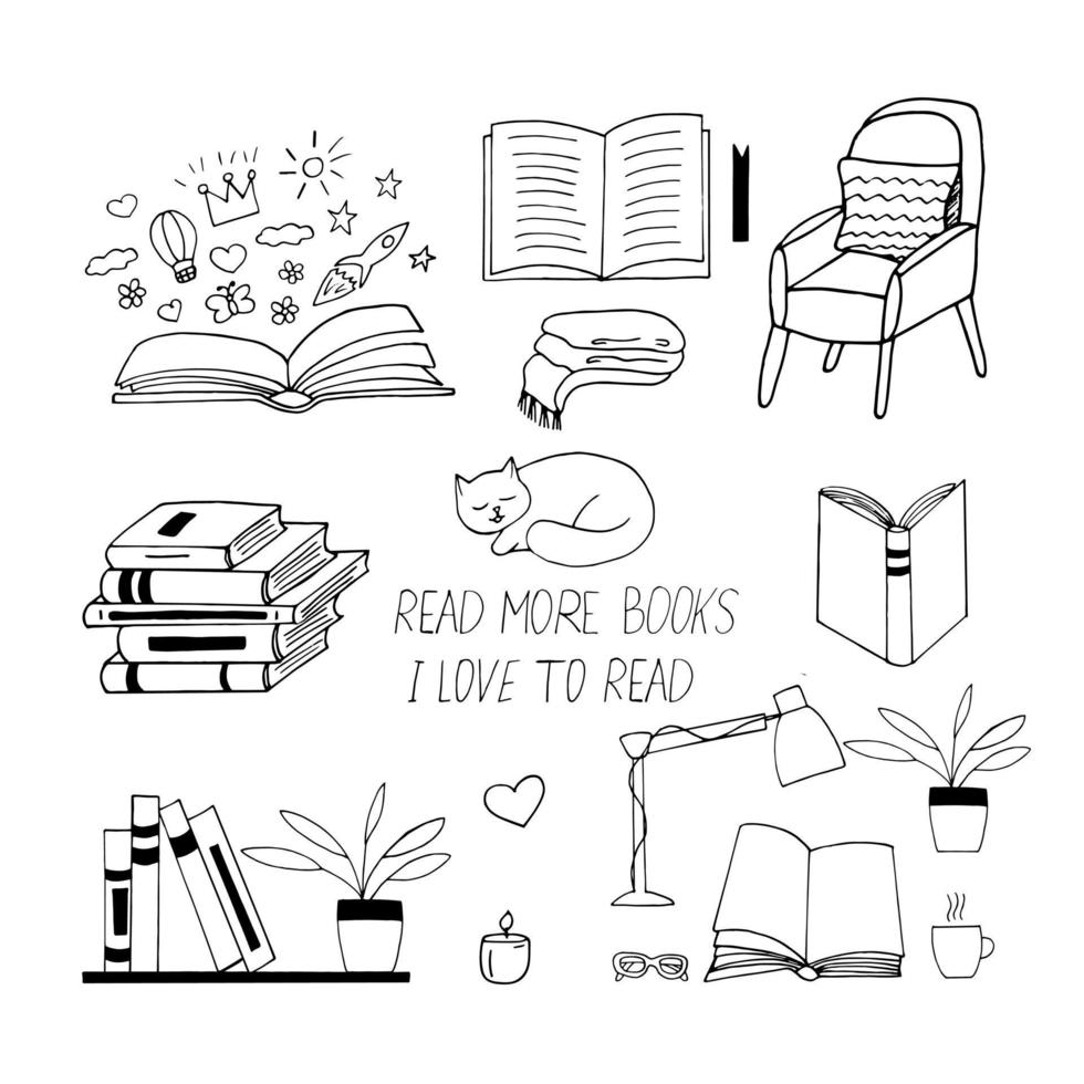 böcker som ikon. skiss handritad doodle stil. vektor, minimalism, monokrom. bibliotek, lära sig läsa bokstäver hobby vektor