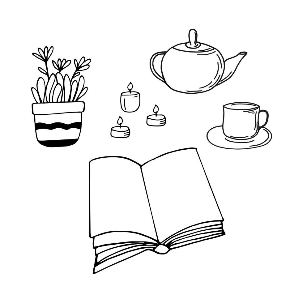 Buch ist geöffnet, Kerze, Tee, Teekanne, Tasse, Blume in einer Kanne. Lesekonzept. Skizze handgezeichneten Doodle-Stil. , Minimalismus, monochrome Hobbys gemütliches Zuhause lernen vektor