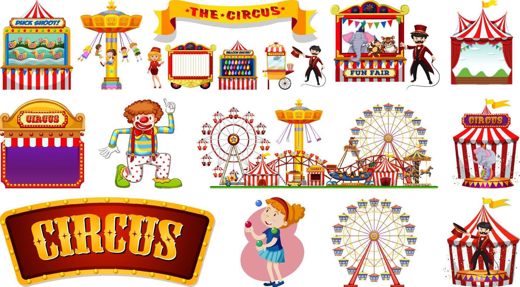 Reihe von Zirkusfiguren und Vergnügungsparkelementen vektor
