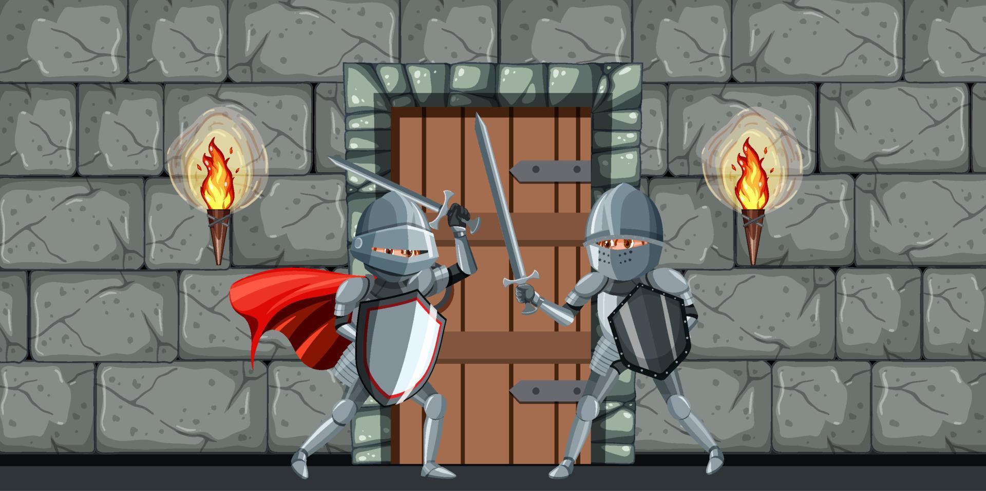 scen med två medeltida riddare som slåss vektor
