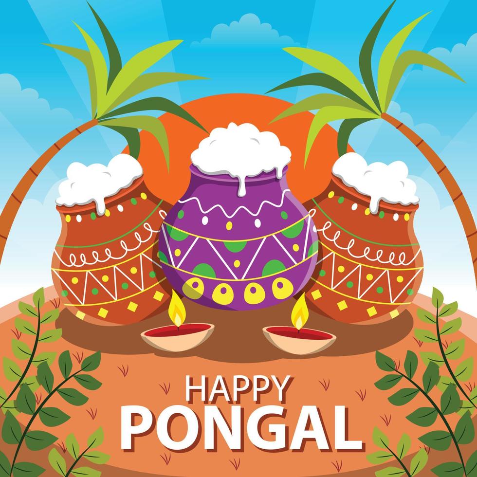 Feier des fröhlichen Pongal-Festes mit Topf und Baum vektor