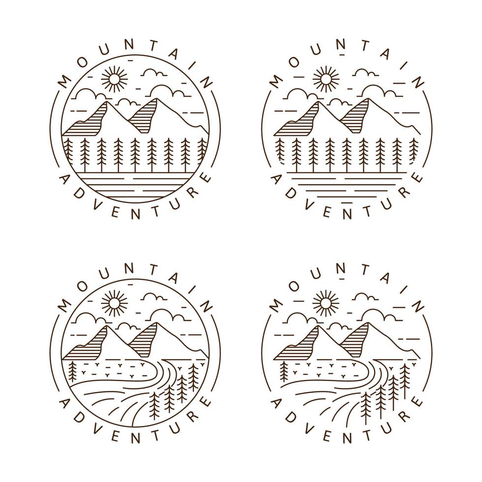 Satz von Mountain Adventure Outdoor Monoline oder Line Art Style Vector Illustration