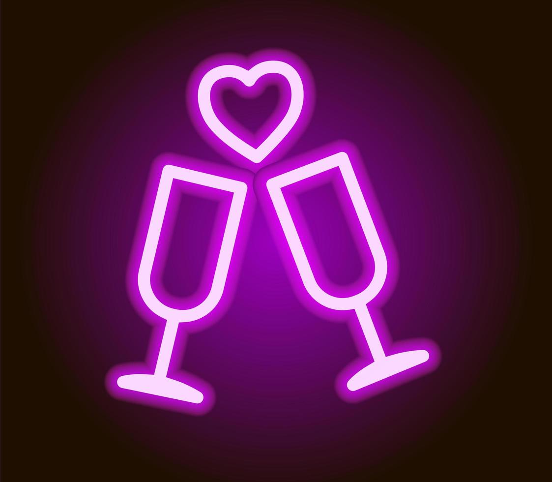 neon champagne i glas och hjärta. alla hjärtans dag ikon. vektor illustration