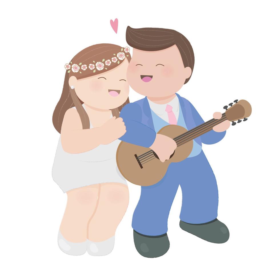 söta knubbiga bröllopspar spelar gitarr vektor