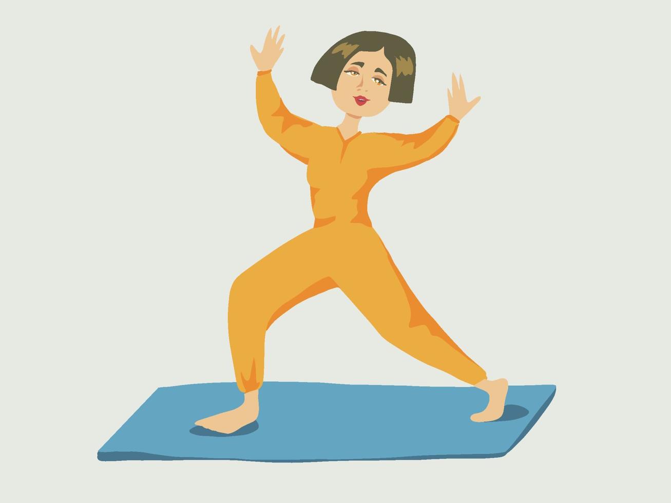 vektorillustration av ung kvinna som tränar hemma. kvinnlig karaktär. yoga matta. gul, orange, blå. isolerad på vit bakgrund. kaukasiska. yoga, slappna av, träna vektor