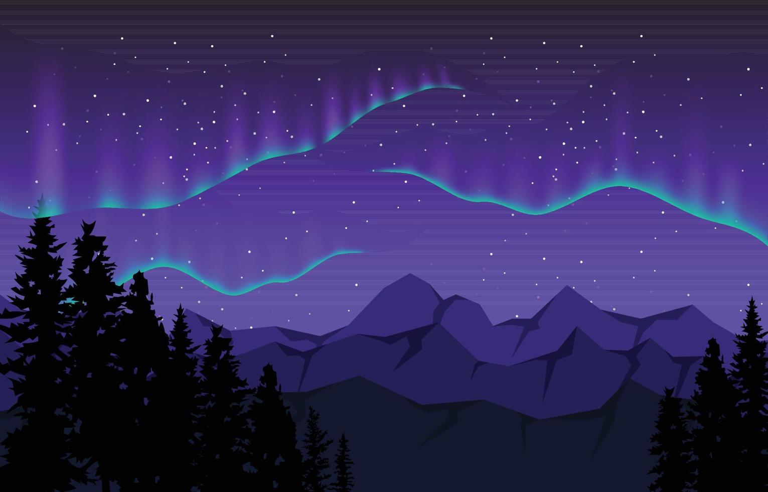 färgglada norrsken himmel ljus tall berg äventyr polarlandskap illustration vektor