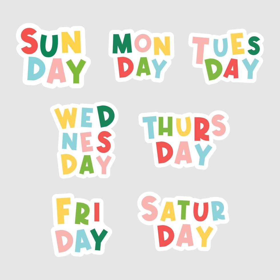 7 dagar i veckan. söndag måndag tisdag onsdag torsdag fredag lördag. färgglada ord för planerare, kalender, etc. vektor