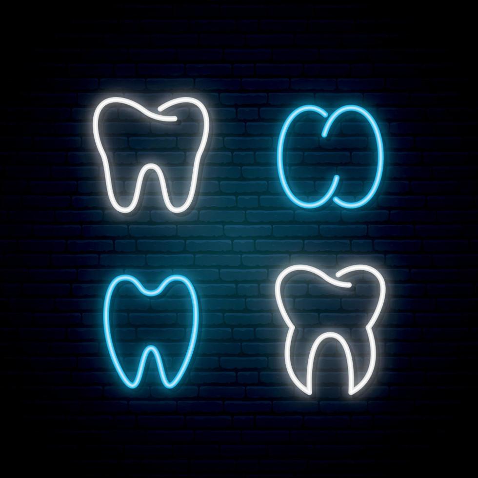 tand neonskylt. uppsättning av glödande vita och blå neonskyltar för tandläkare på mörk tegelvägg bakgrund. vektor