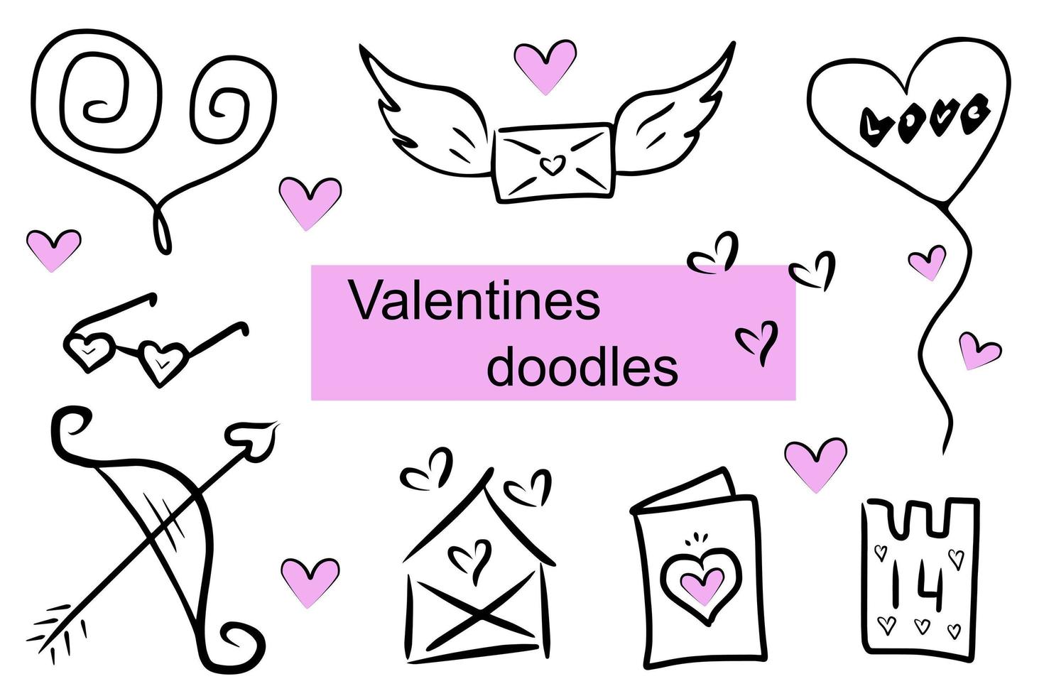 alla hjärtans set. doodle illustration för utskrift, gratulationskort, affischer, klistermärken, textil och säsongsbetonad design. isolerad på vit bakgrund. vektor
