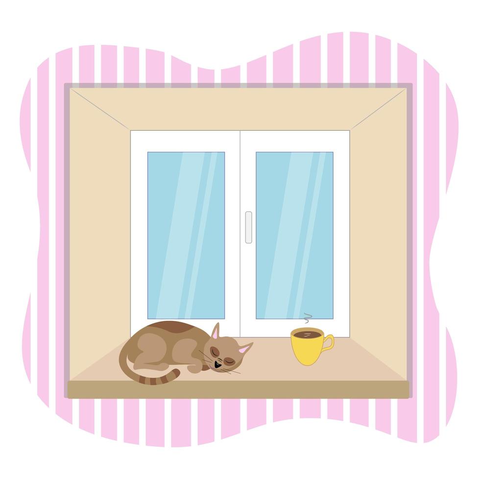 fönster och katt. kopp kaffe. illustration för bakgrunder, omslag, förpackningar, gratulationskort, affischer, klistermärken, textil, säsongsdesign. isolerad på vit bakgrund. vektor