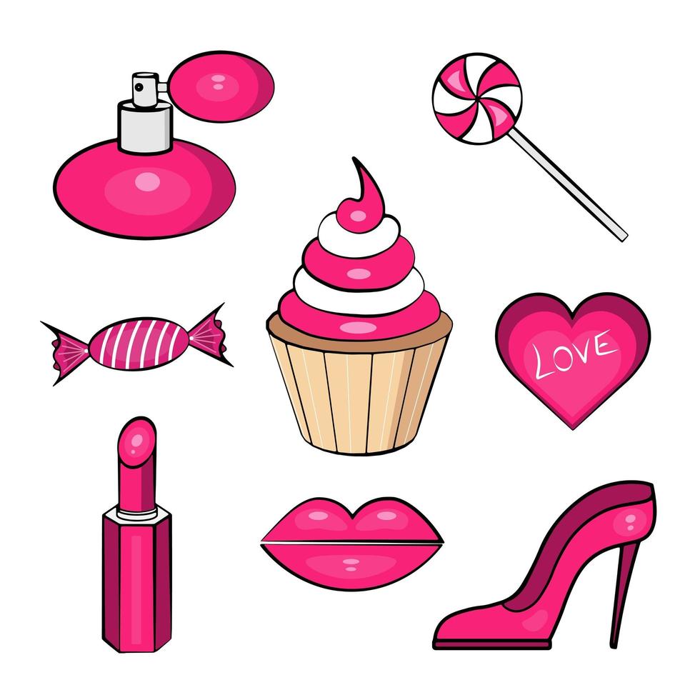 Süßigkeiten, Lippen, Lippenstift, Herz, Schuhe, Parfums, Artikel auf weißem Hintergrund. Illustration für Drucke, Tapeten, Hintergründe, Poster, Aufkleber, Logos, Schönheitssalons und Textilien. vektor