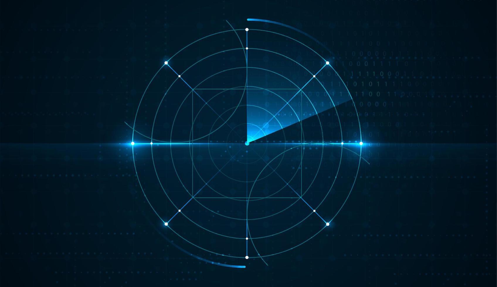 technologische und digitale zukünftige Benutzeroberfläche mit sich drehenden Kreisen auf dunkelblauem Hintergrund. realistisches Radar mit Zielen auf dem Monitor bei der Suche. Vektorillustrationsdesign vektor