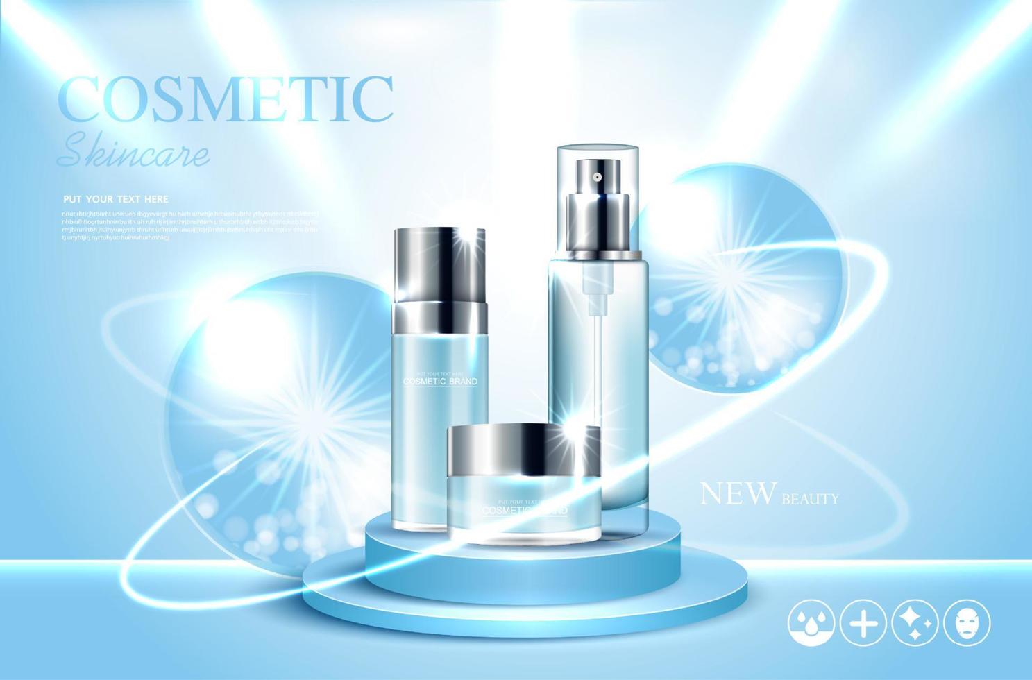 kosmetika eller hudvårdsprodukter annonser med flaska och blå bakgrund glittrande ljuseffekt. vektor illustration design eps10.