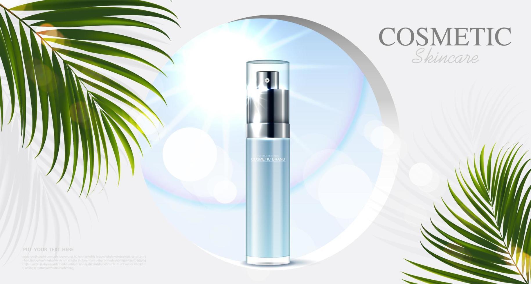 kosmetika eller hudvårdsprodukter annonser med flaska, blå bakgrund med tropiska löv. vektor illustration design
