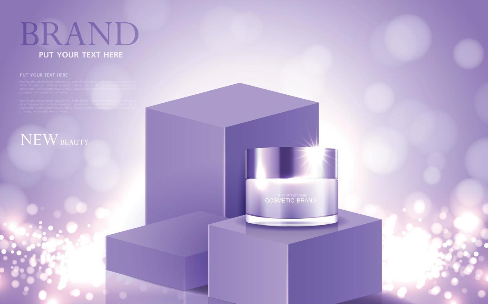 Kosmetik- oder Hautpflege-Goldprodukt-Anzeigen lila Flasche und glitzernder Lichteffekt im Hintergrund. Vektor-Design. vektor