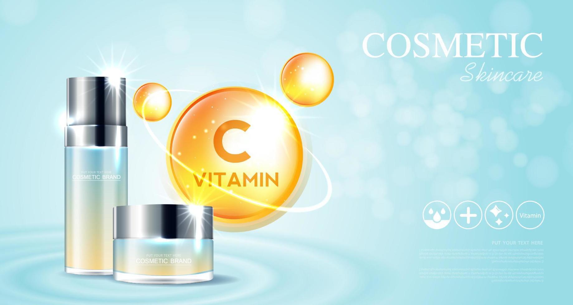 Kosmetik- oder Hautpflege-Vitamin-C-Produktanzeigen mit Flasche und blauem Hintergrund mit glitzernden Lichteffekten. Vektorillustrationsdesign eps10. vektor