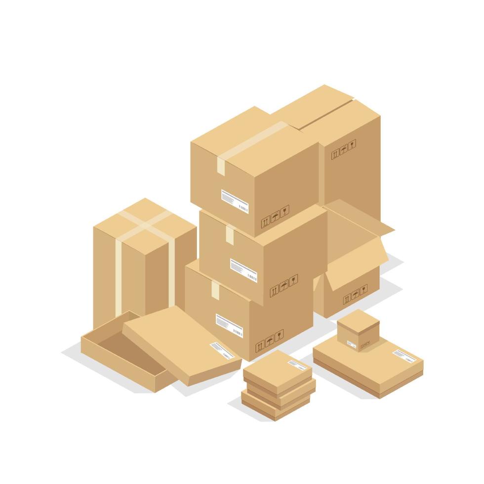 kartonger eller förpackningspapper och fraktkartong. kartongpaket och leveranspaket hög, platta lagervaror och godstransport. vektor design illustration.