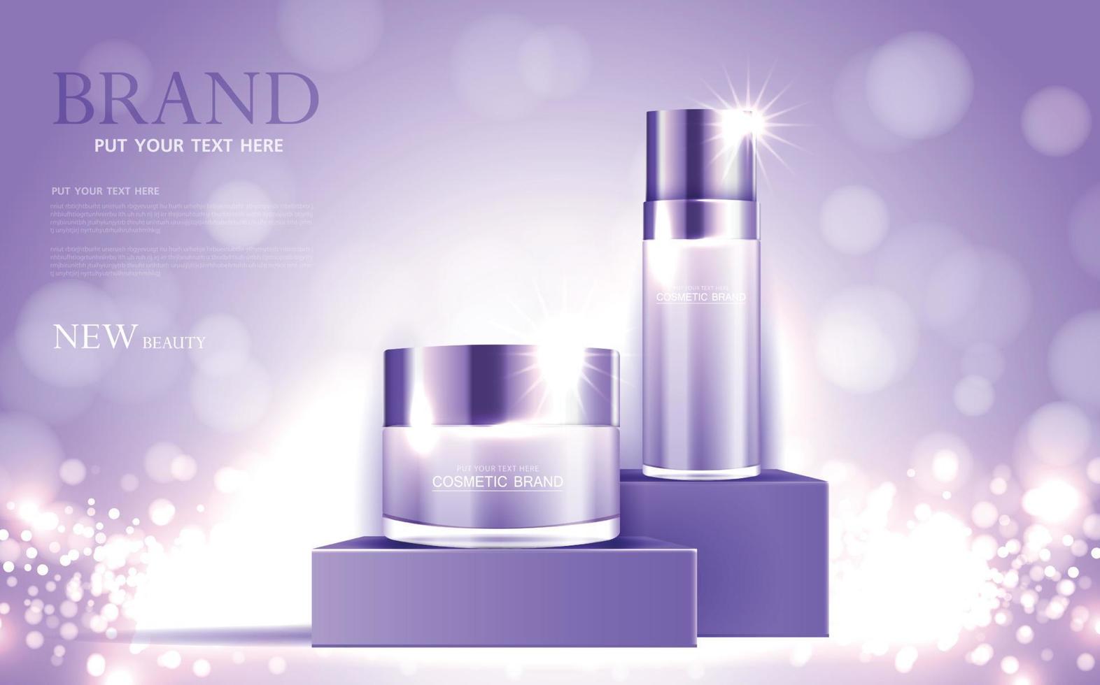 Kosmetik- oder Hautpflege-Goldprodukt-Anzeigen lila Flasche und glitzernder Lichteffekt im Hintergrund. Vektor-Design. vektor